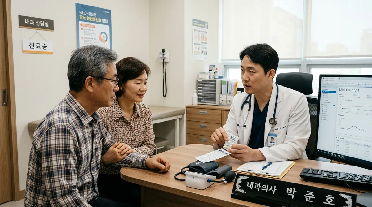 내과 진료실에서 의사가 중장년 환자 부부에게 복약 지도와 식단 주의사항을 설명하는 모습
